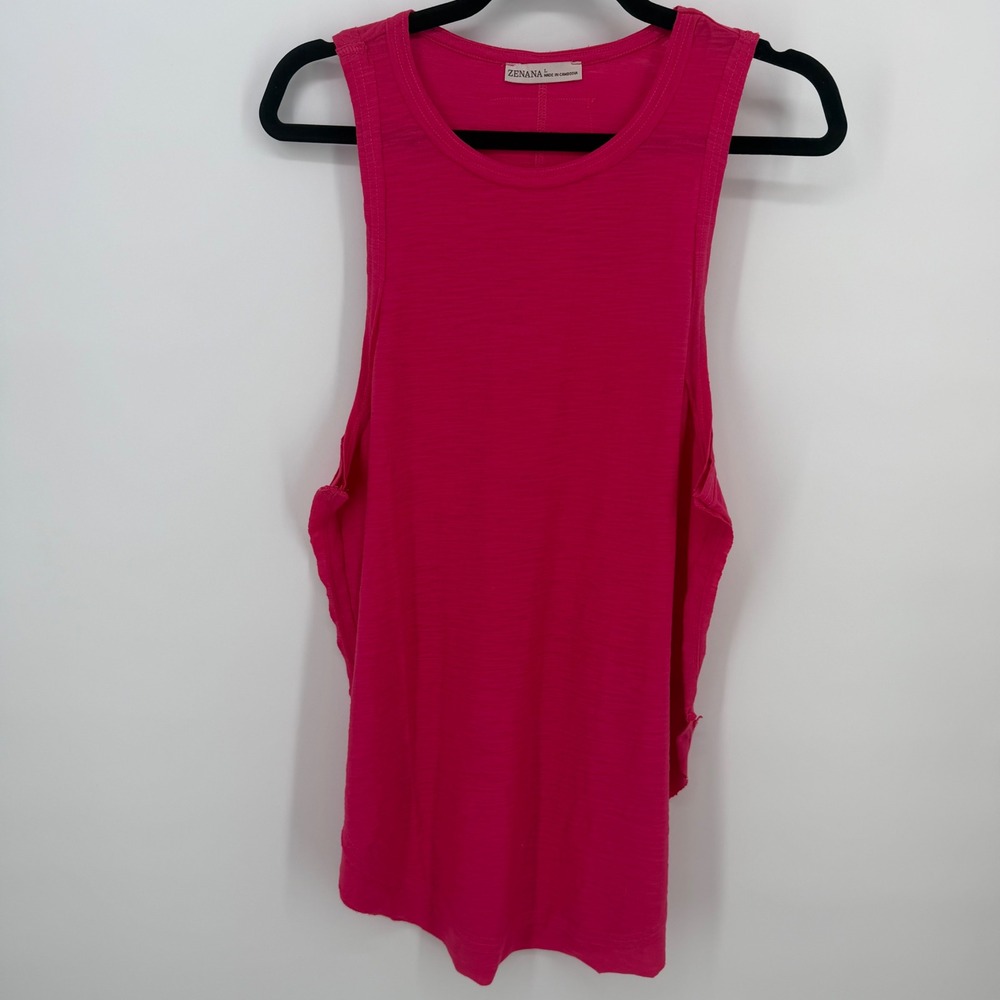 Zenana Womens Hot Pink Slub Knit Muscle Tank Top Deep Armhole Large NWOT Soft